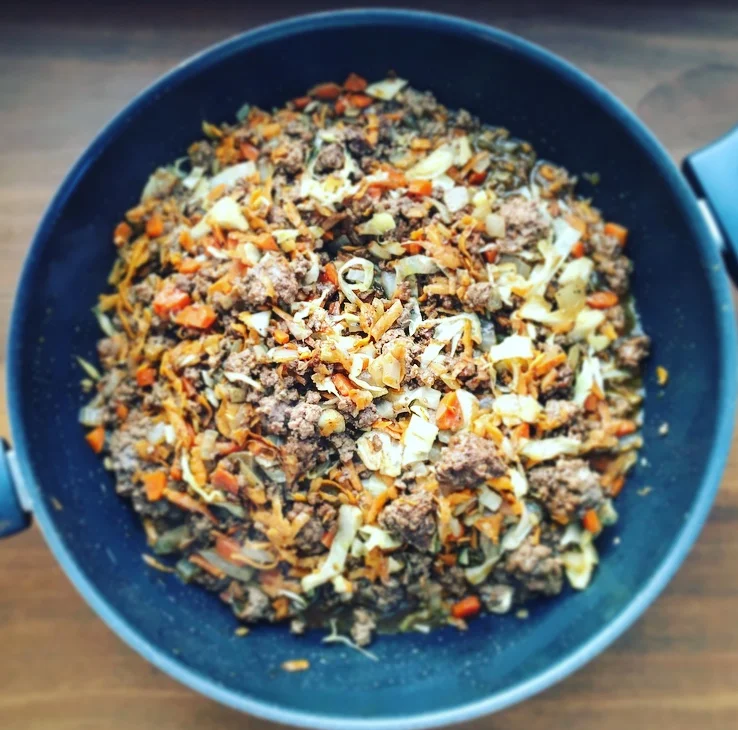 A wok-full of protein and vegetables. 