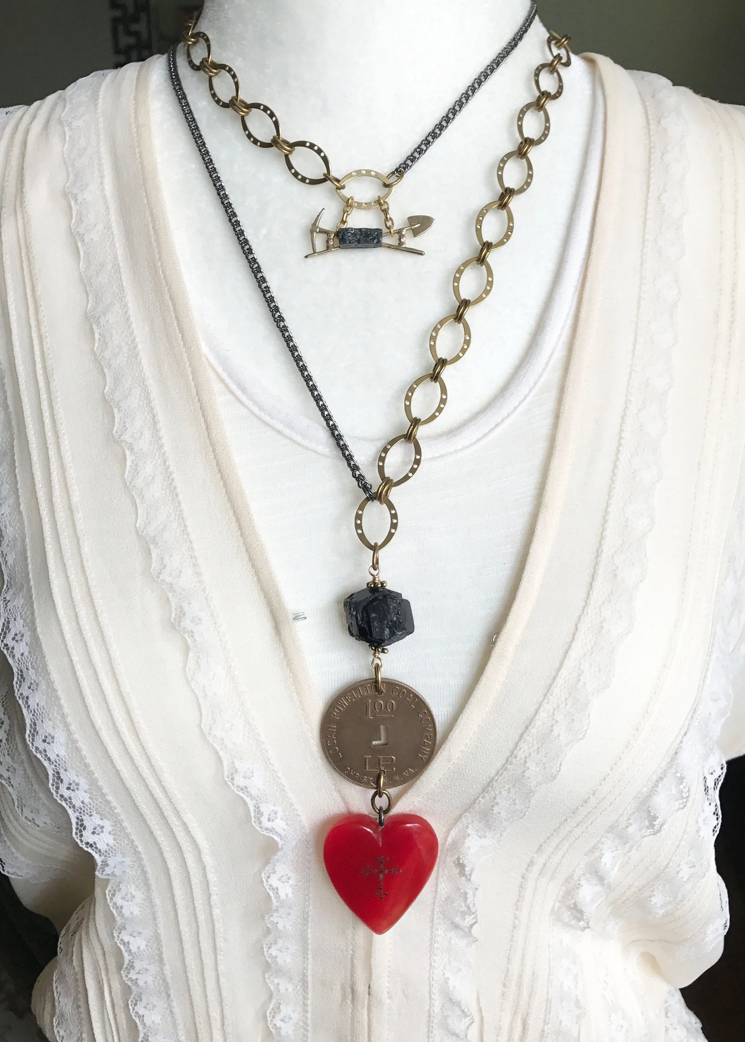 This Glamourbilly necklace set feature a pick and shovel brooch with a real piece of coal and a piece of scrip from Logan Powellton Coal Company from Christian, West Virginia.