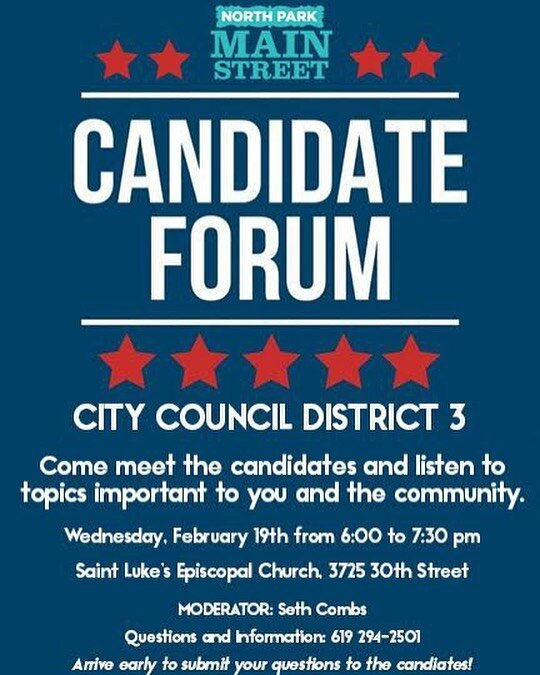 SAVE THE DATE|| CD 3 Candidate Forum 📌 Feb. 19 🗓 learn more from our City council district 3 candidates - submit your questions for the candidates in advance! #92104 #district3 #northpark #explorenorthpark #vote #community #NPCA