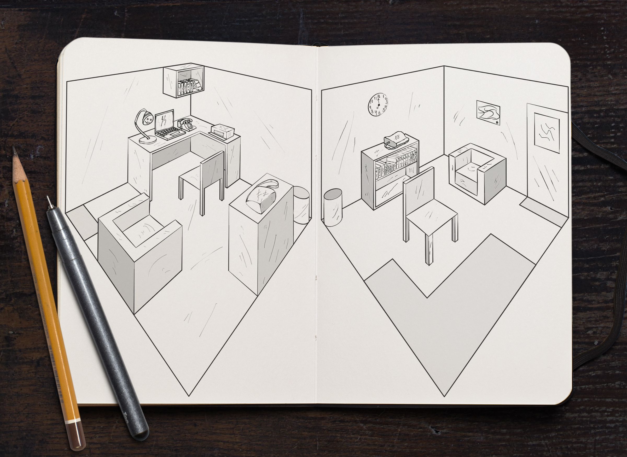 Opposite Office Corners - line drawing