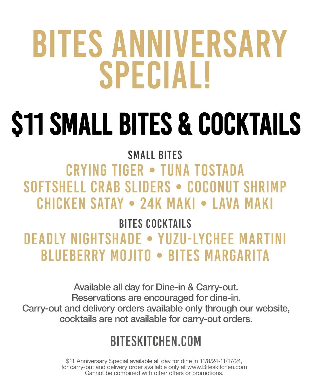 BITES 11th Anniversary Special! $11 Small BItes &amp; Cocktails