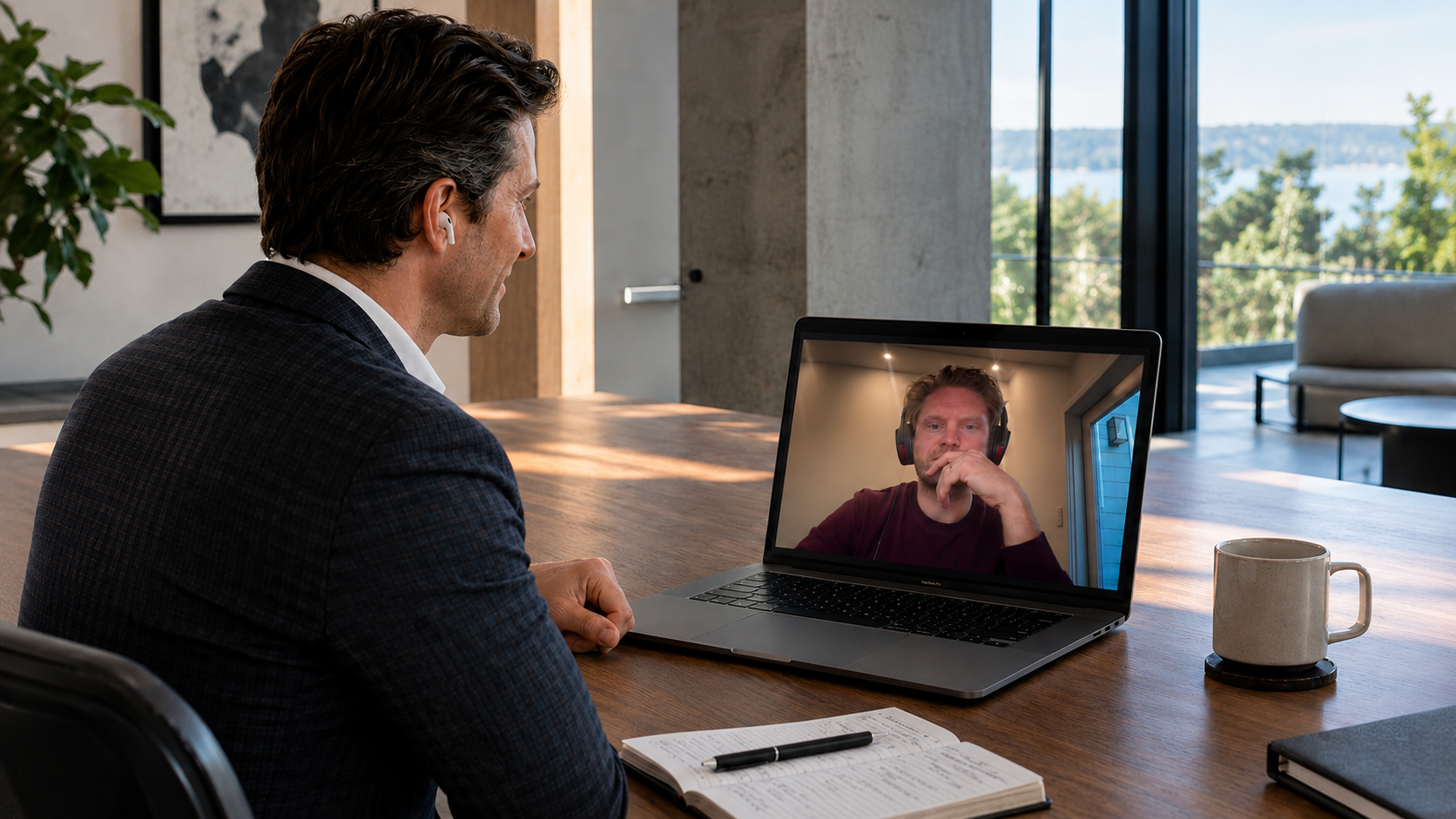 Virtual executive coaching conversation between a coach and senior leader