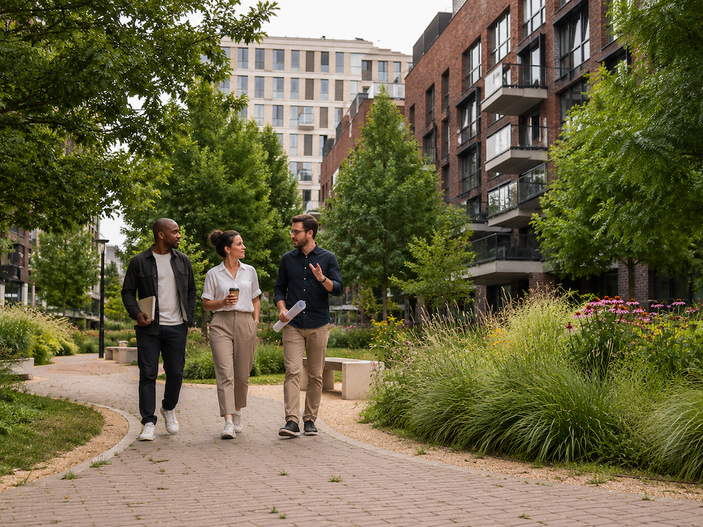 Built-world professionals walking together through an urban development