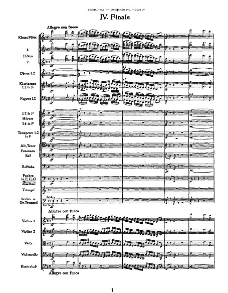Orchestral Score, first page of Tchaikovsky's Fourth Symphony, Finale. (Google Images)