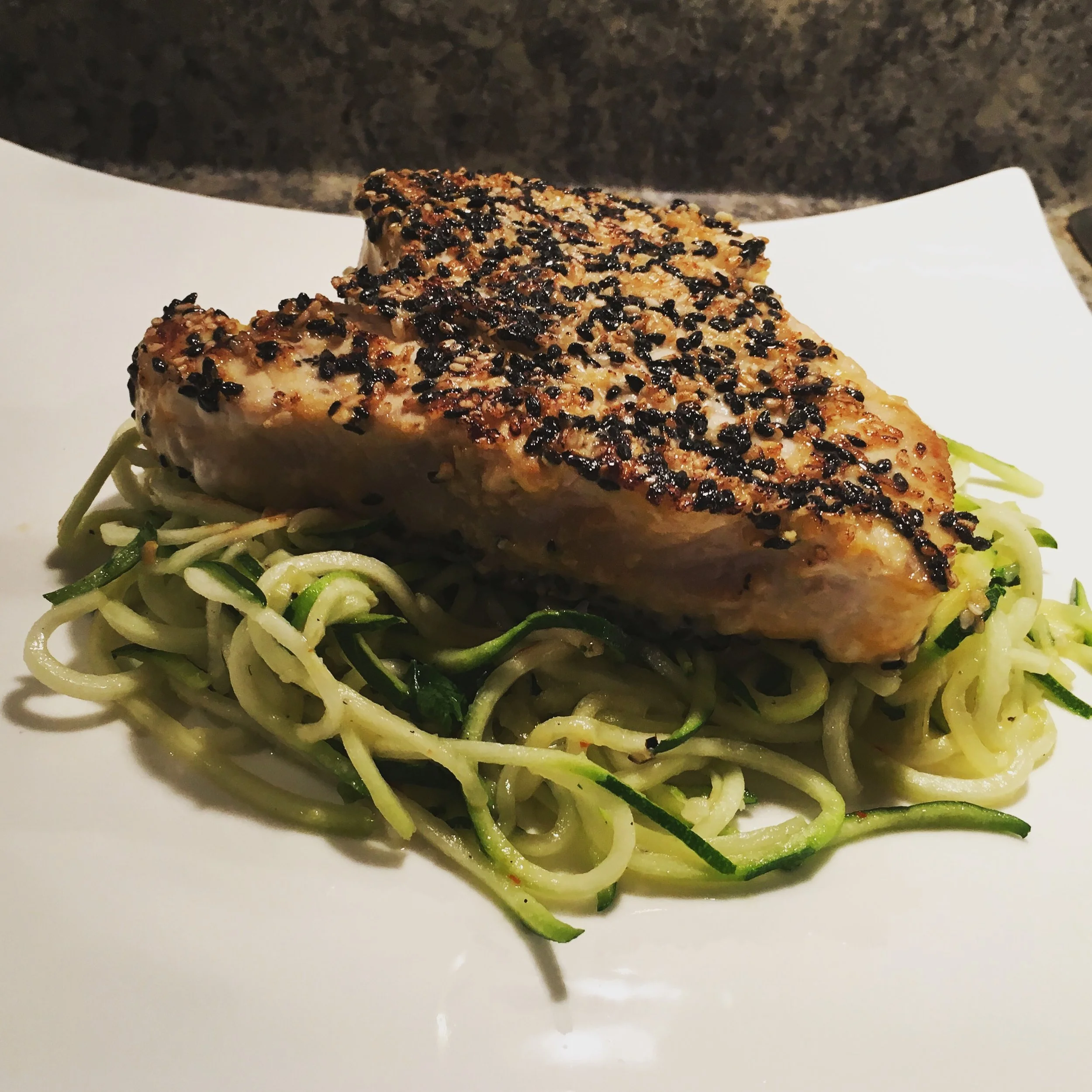Sesame Crusted Tuna & Avocado with Spicy Sesame Zucchini Noodles