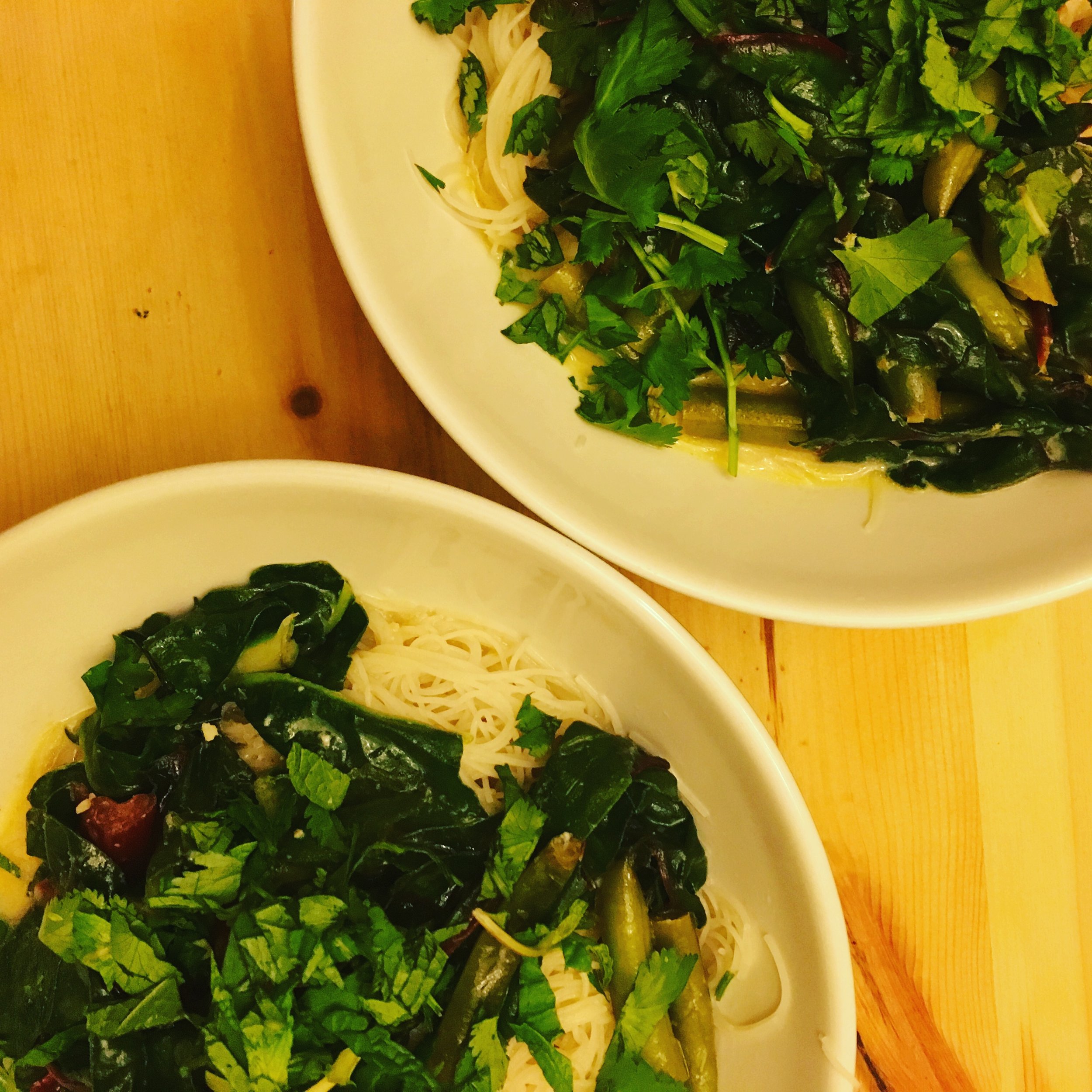 Green Curry with Swiss Chard, Green Beans, and Brown Rice Noodles