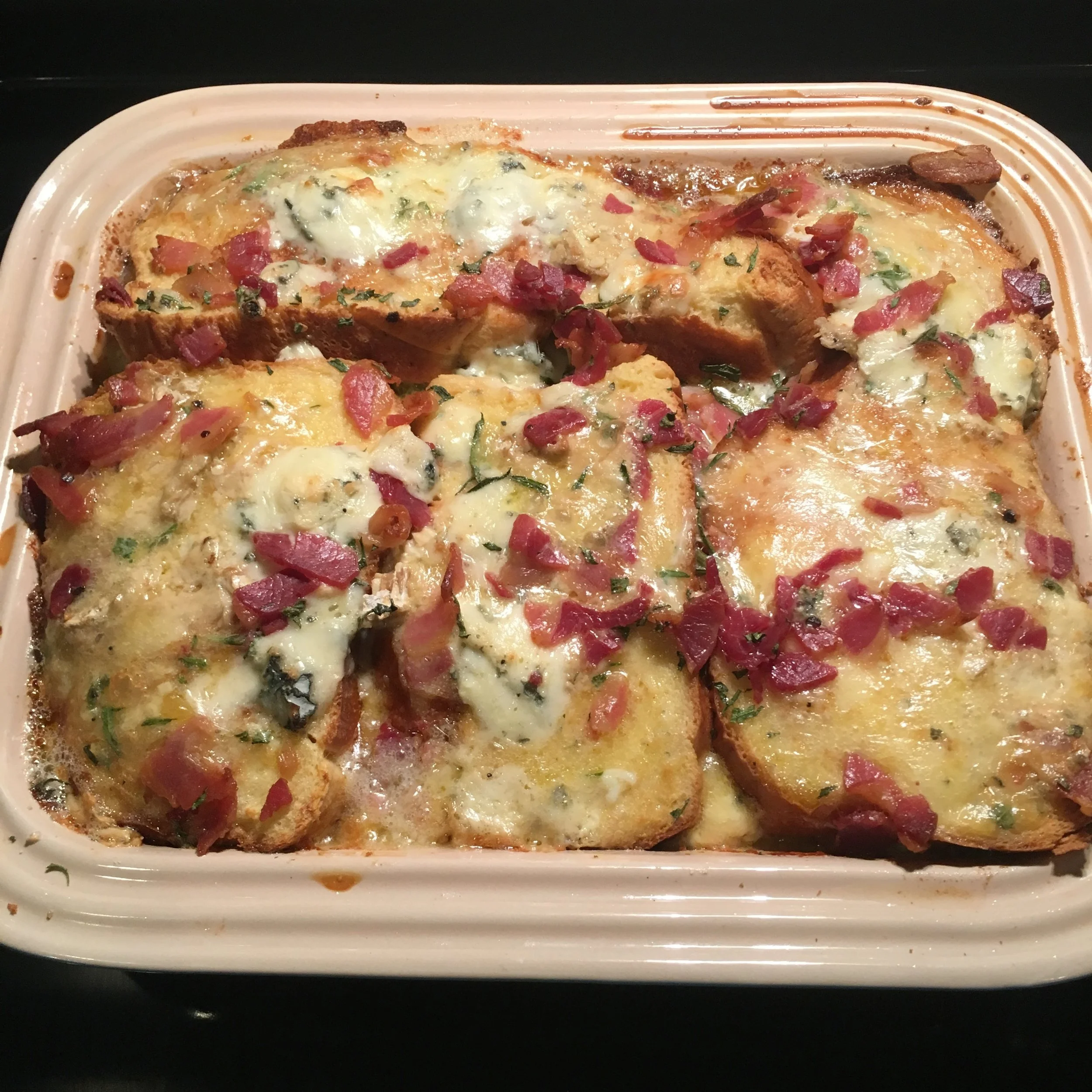 Homemade Challah Strata with Rosemary, St. Andre, Gorgonzola, and Pancetta