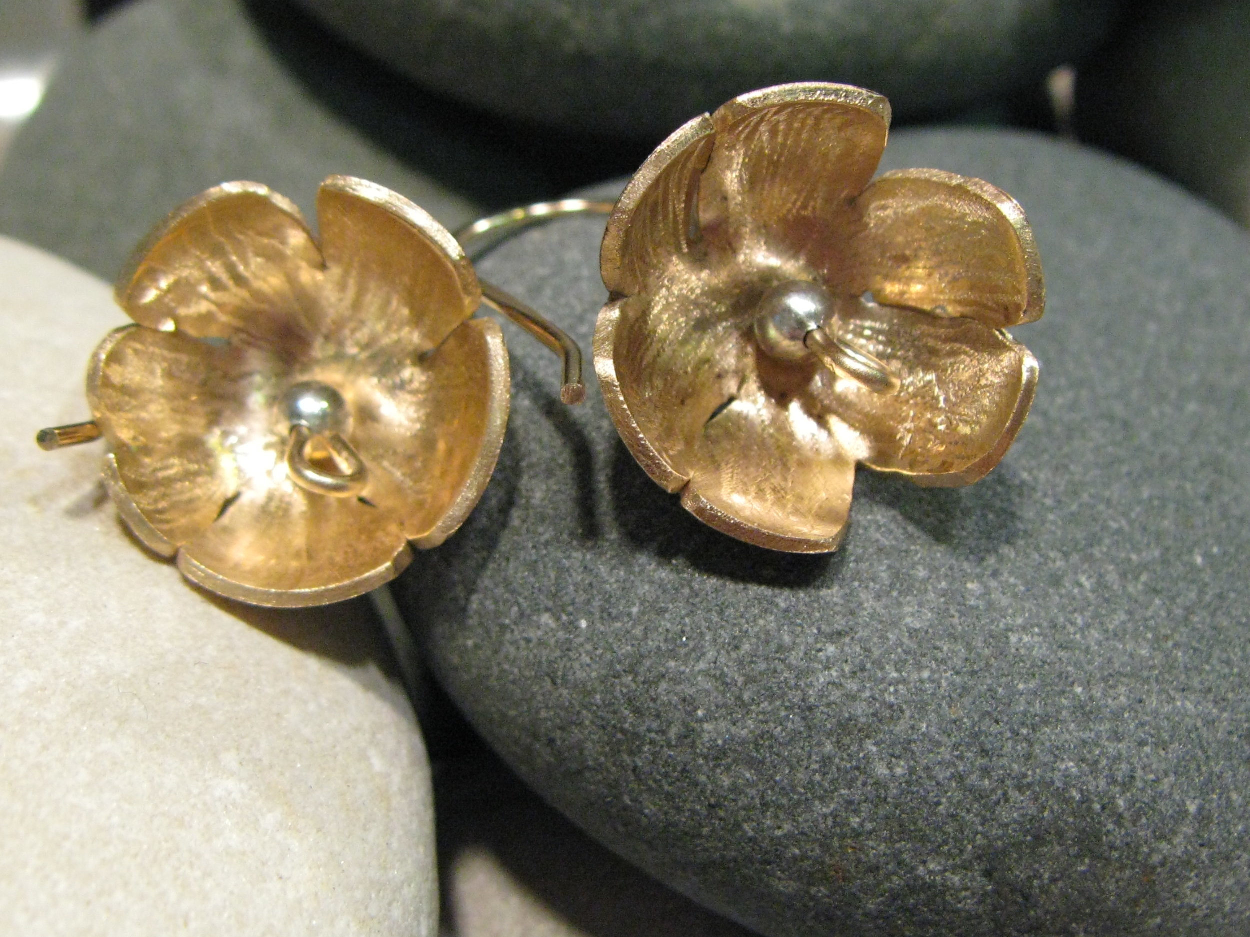 14k Gold & Bronze Carved Flower Earrings 2011