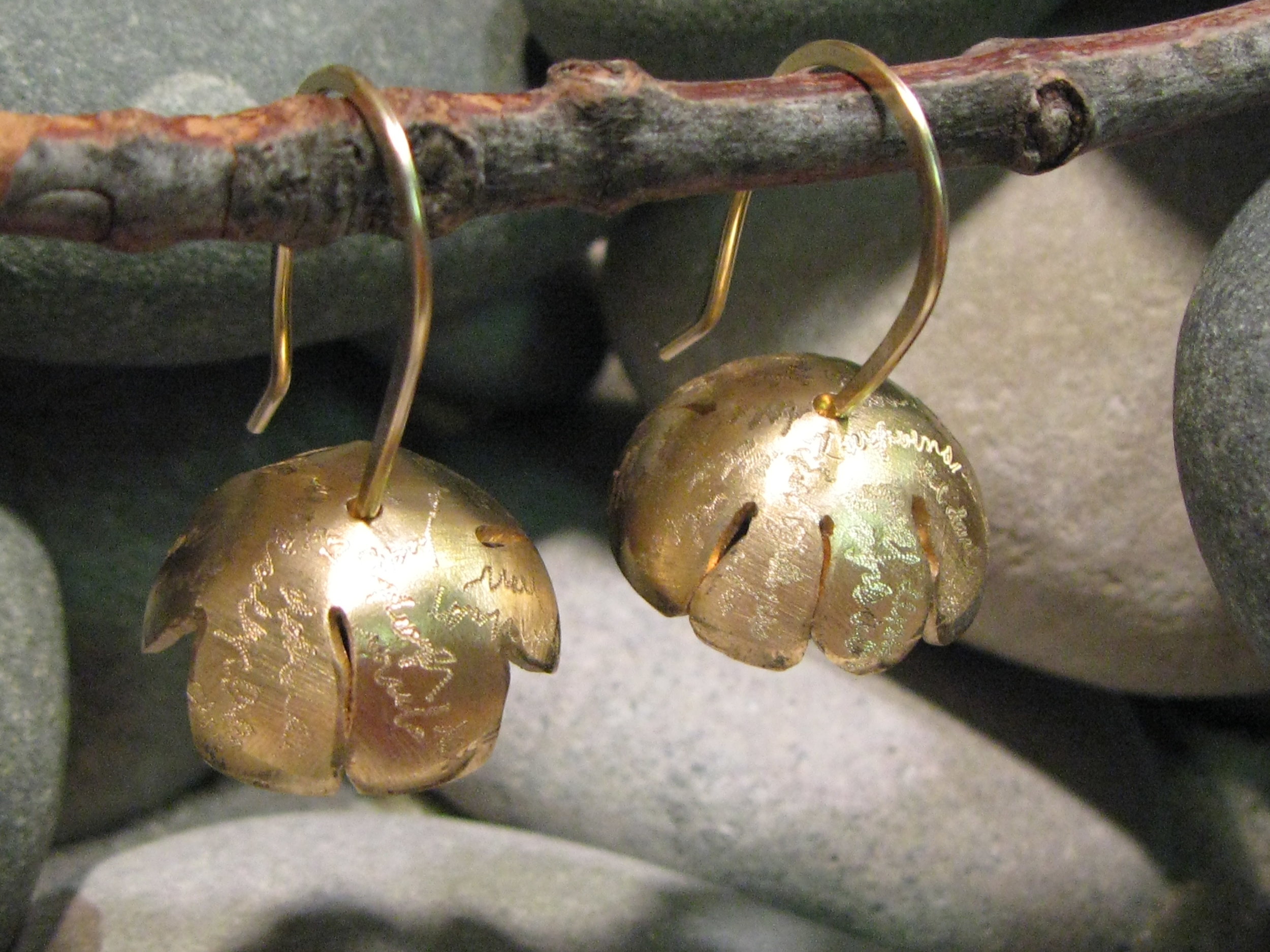 14k Gold & Bronze Carved Flower Earrings 2011