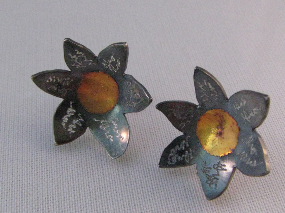 Keum Boo Flower Studs. Sterling, 24k, 14k 2012