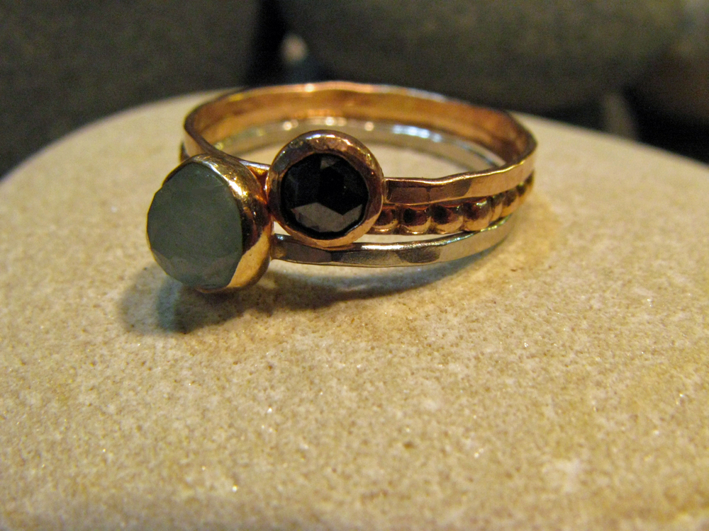 Platinum, 14k Rose Gold, 14k Yellow Gold Ring Set with Black Diamond & Aquamarine 2012