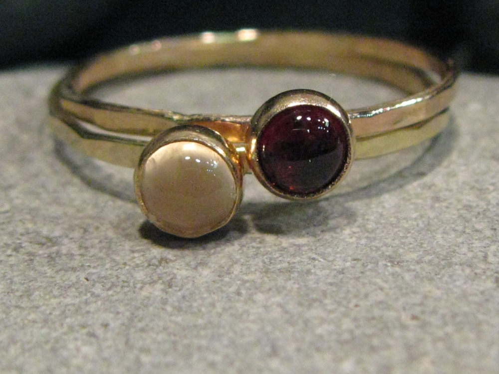 14k yellow gold, white moonstone, red garnet hammered stacking ring set