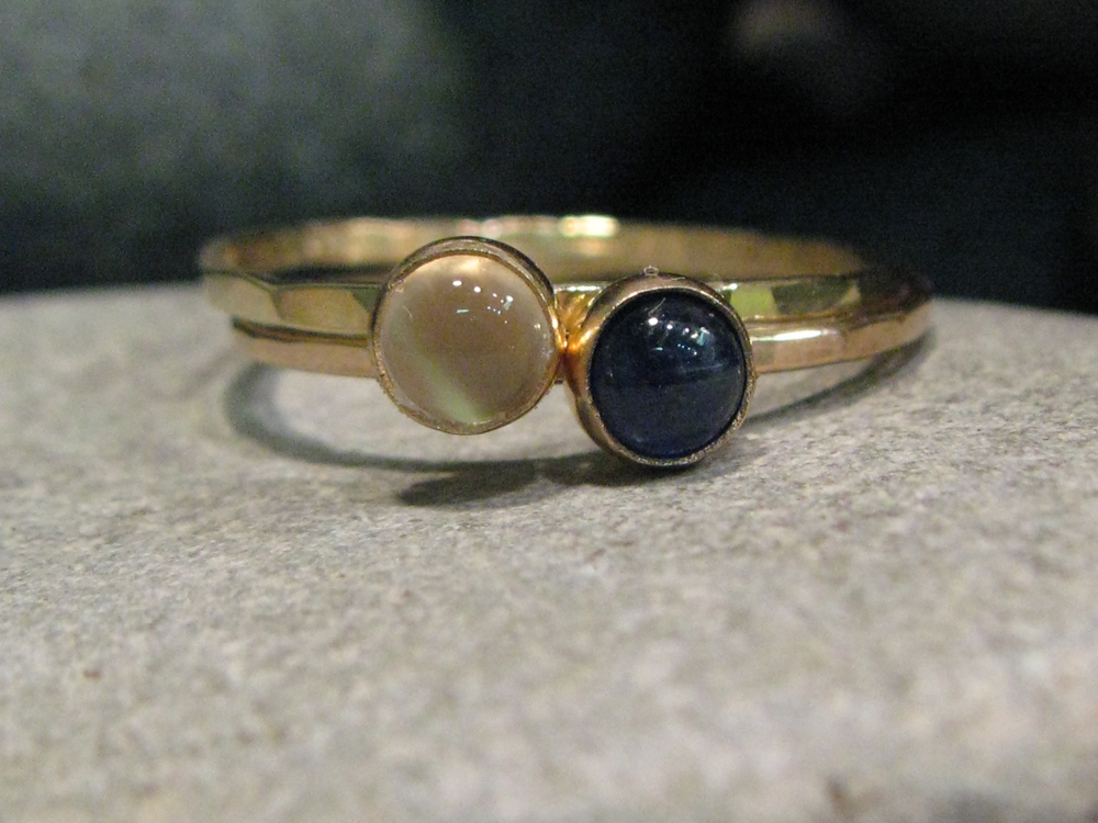 14k yellow gold, white moonstone, blue sapphire hammered stacking ring set