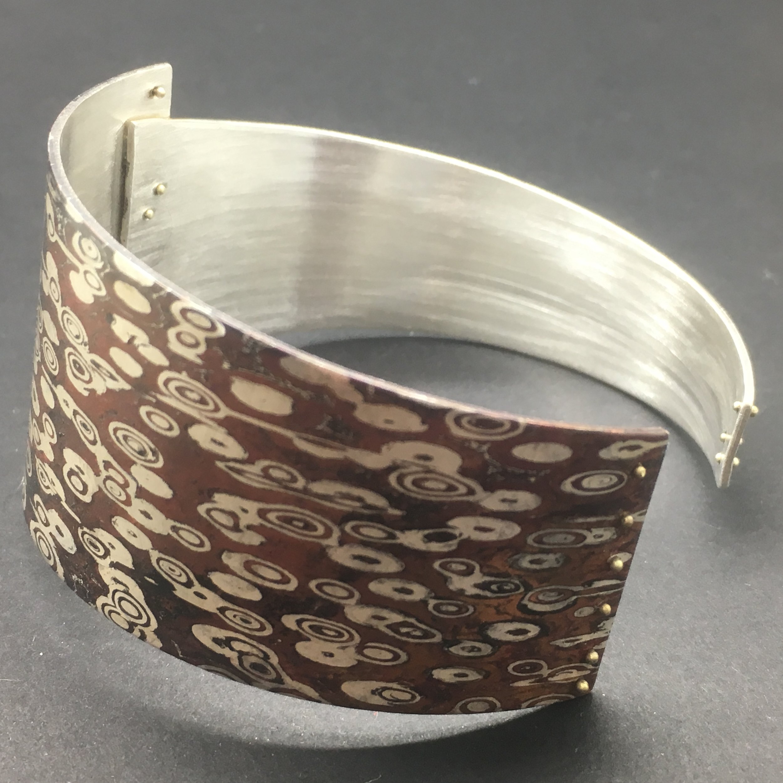 Mokume Gane Cuff Bracelet. Sterling Silver, Copper, 14k Green Gold. October 2017