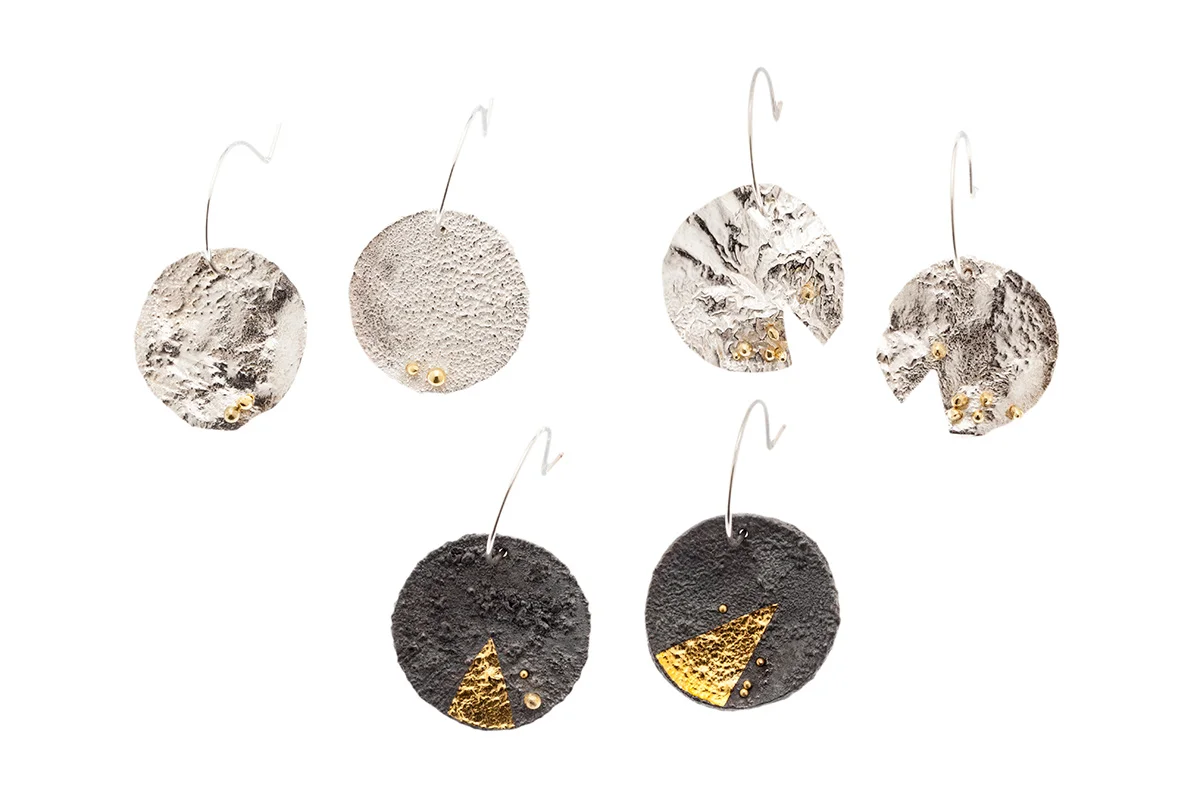 Large Reticulated Sterling Silver Disc Earrings. From Left Top: Reticulated Sterling Silver with 22k Rivets, Reticulated Sterling Silver with many 22k rivets (reworked into a different piece), Oxidized Sterling Silver with 22k rivets and 24k gold foil. 2018.