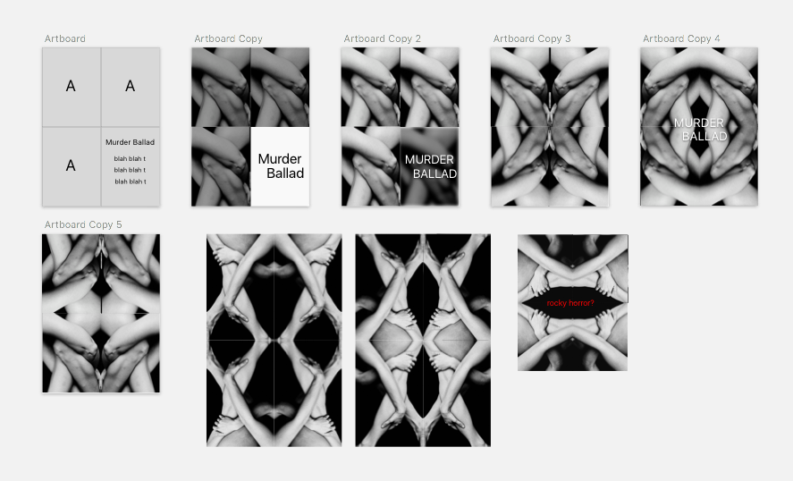 Early-stage poster mockups using images found online while doing image research for the show.