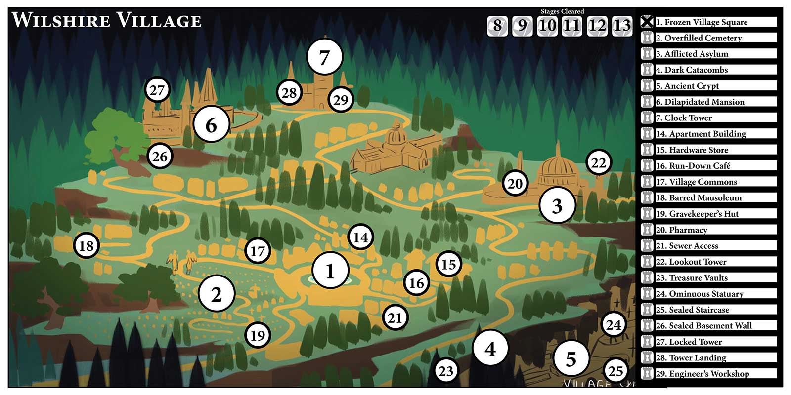 A rough look at the map board, where the players will choose their destinations between battles. The large numbers represent boss stages, while smaller numbers are exploration stages where you might discover new allies or keys to the story.