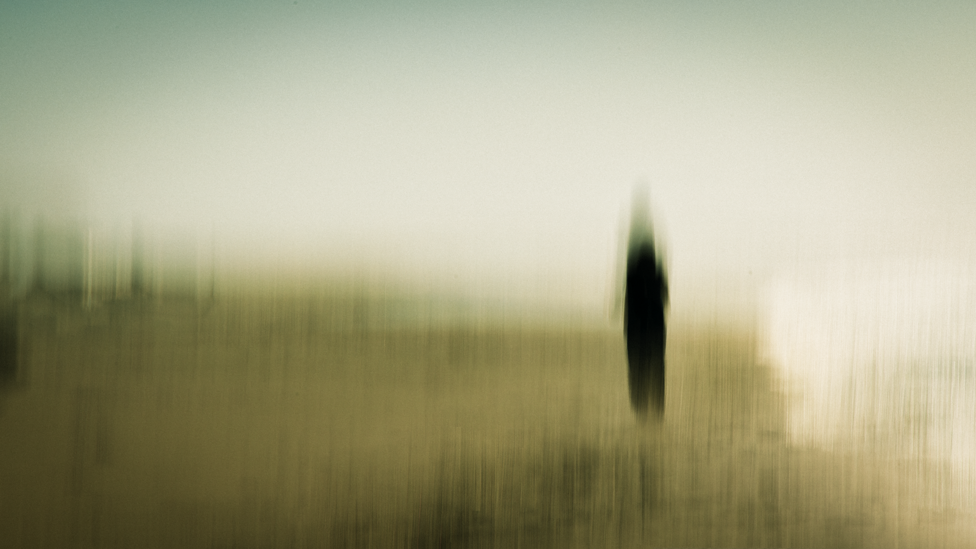 ICM (Intentional Camera Movement) photograph of solitary figure in atmospheric landscape with vertical motion blur, muted olive and beige tones creating impressionistic scene of isolation and contemplation