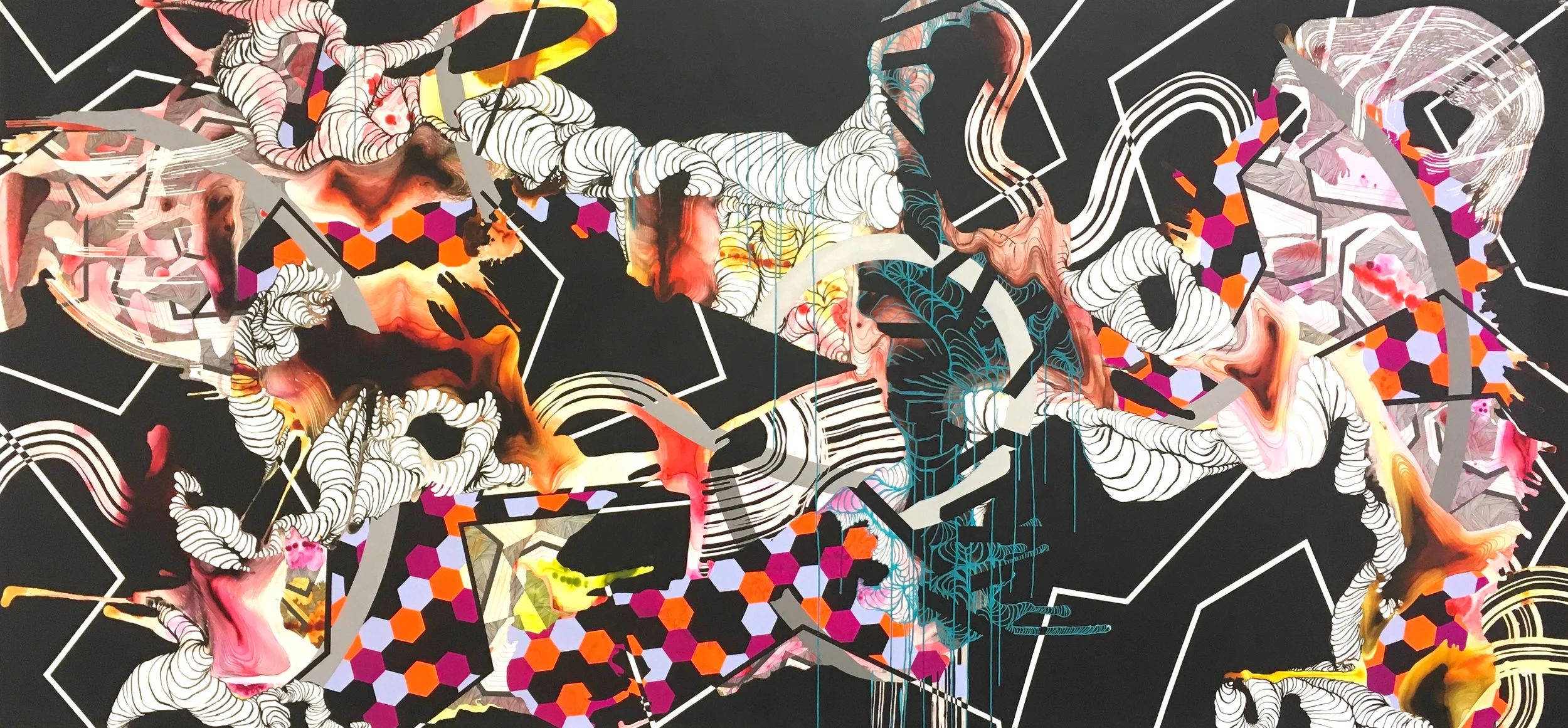 Panoramic Visions for a Fragmented Landscape, Orange Version I. Highflow acrylic, mixed media, and spray paint on yupo. 60in x 182in. 2017 .