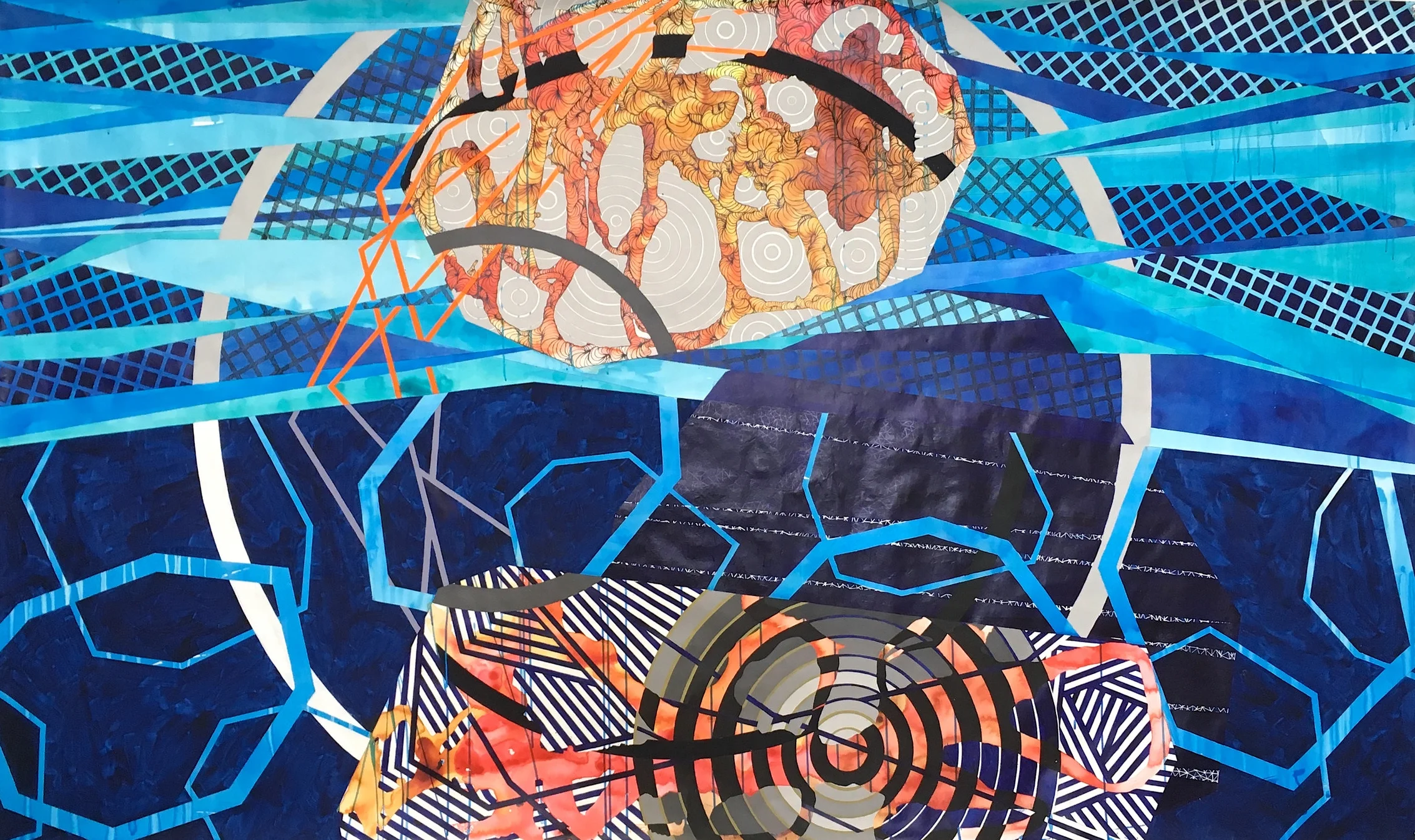 Geography of Horizons and Planes III. Highflown Acrylic, gouache and mixed media on tyvek. 103in x 58in. 2017