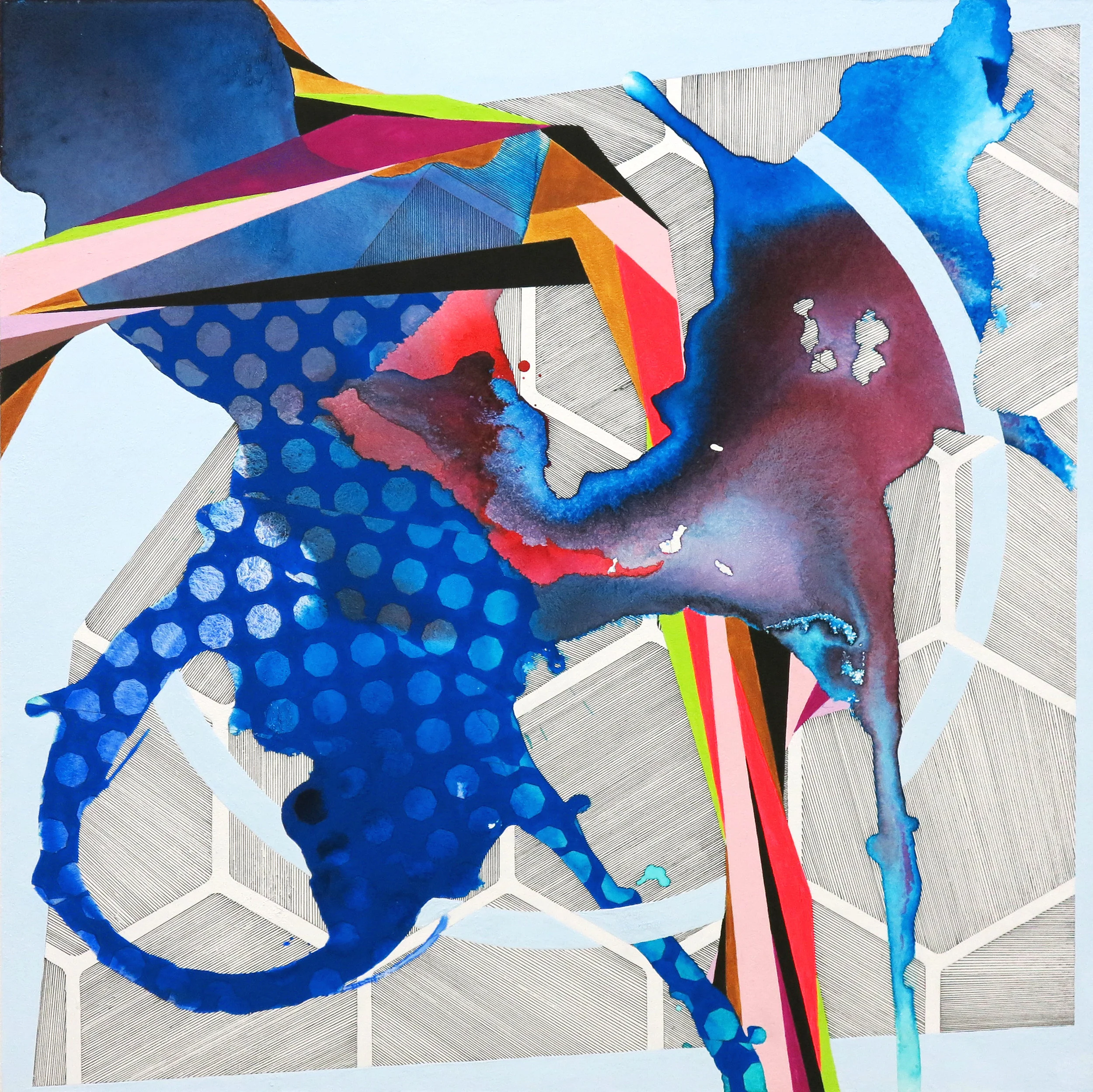 Visions of a Fragmented Landscape, I. Highflow Acrylic, gouache and mixed media on Baltic birch. 24in x 24in. 2017.