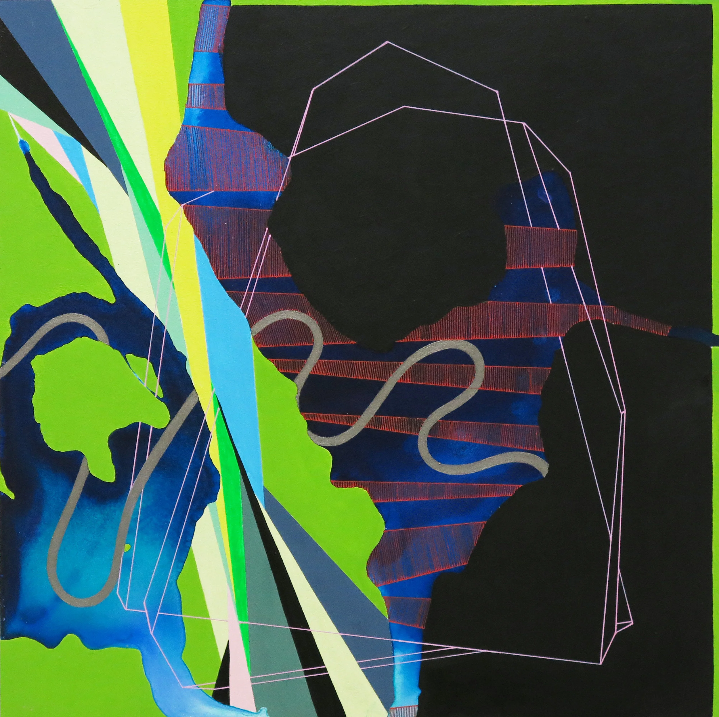 Visions of a Fragmented Landscape, V. Highflow Acrylic, gouache and mixed media on Baltic birch. 24in x 24in. 2017.