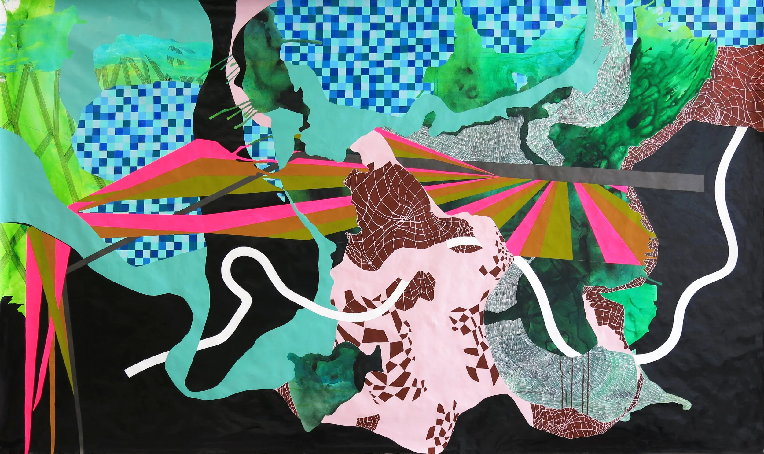 Sunday Morning. Highflow Acrylic and gouache on tyvek. 58in x 104in. 2018
