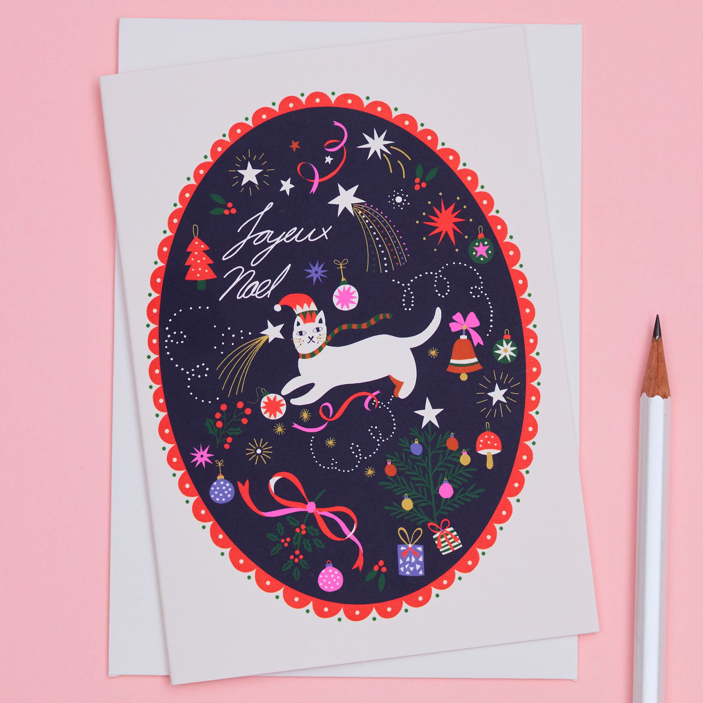 Cat Joyeux Noël Pack of 6 Illustrated Christmas Card