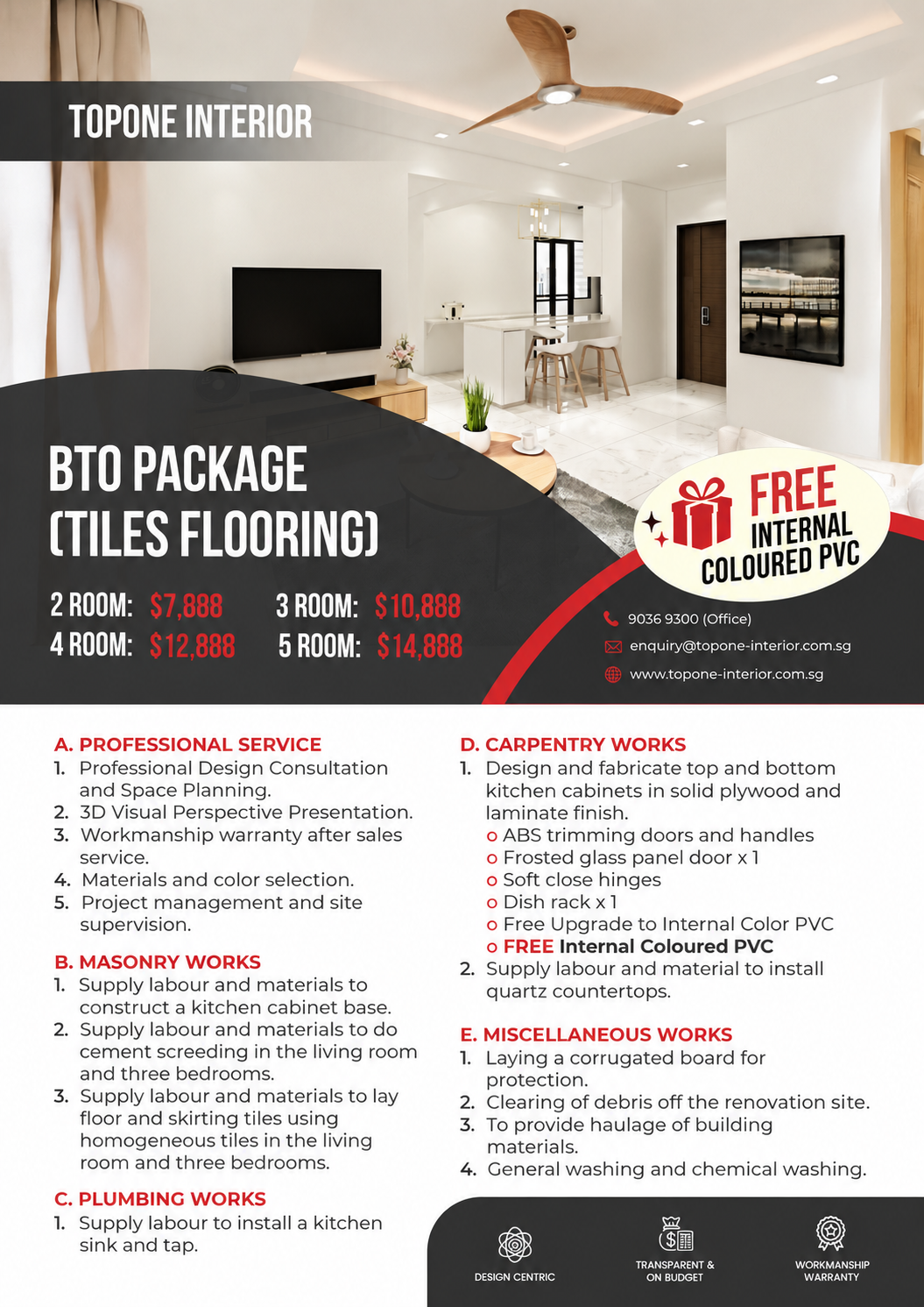 A digital flyer for TopOne Interior showcasing interior design services, pricing options for different room counts, and contacts. The background features a modern, white living room with a ceiling fan, wall-mounted TV, and kitchen area.