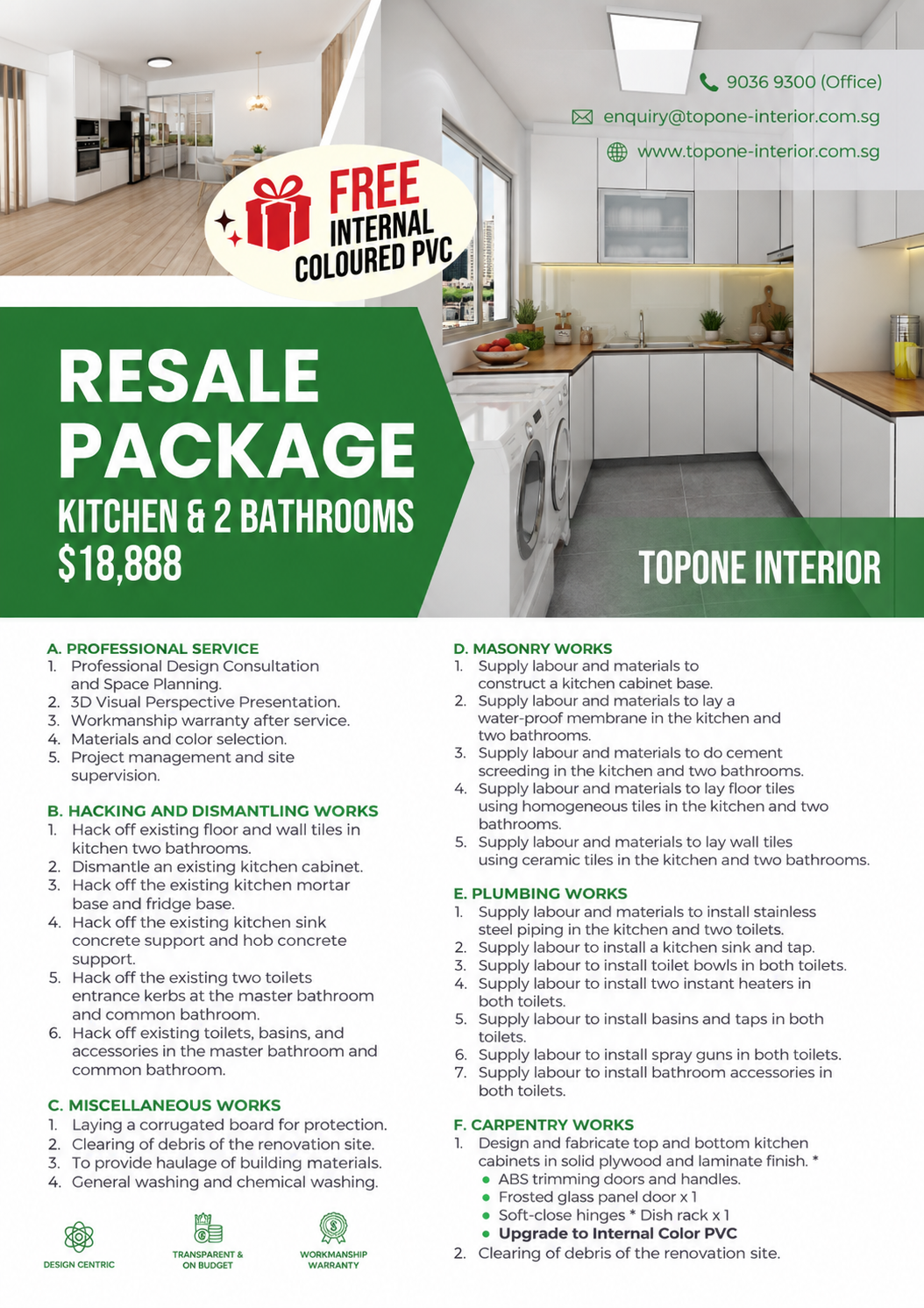 A kitchen with white cabinets, a window, and modern appliances. Text overlays advertise a resale package for a kitchen and two bathrooms at $18,888, with details of services and work, including professional design, masonry, plumbing, carpentry, and dismantling works.
