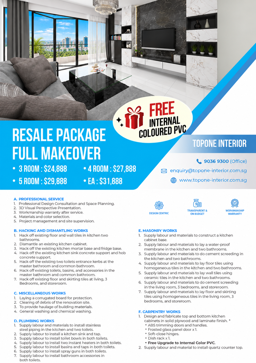 An advertisement for interior renovation services featuring a modern living room with large windows, a black and white marble accent wall, a TV, a glass coffee table, and a gray sofa. The ad offers full makeover packages and details service features.