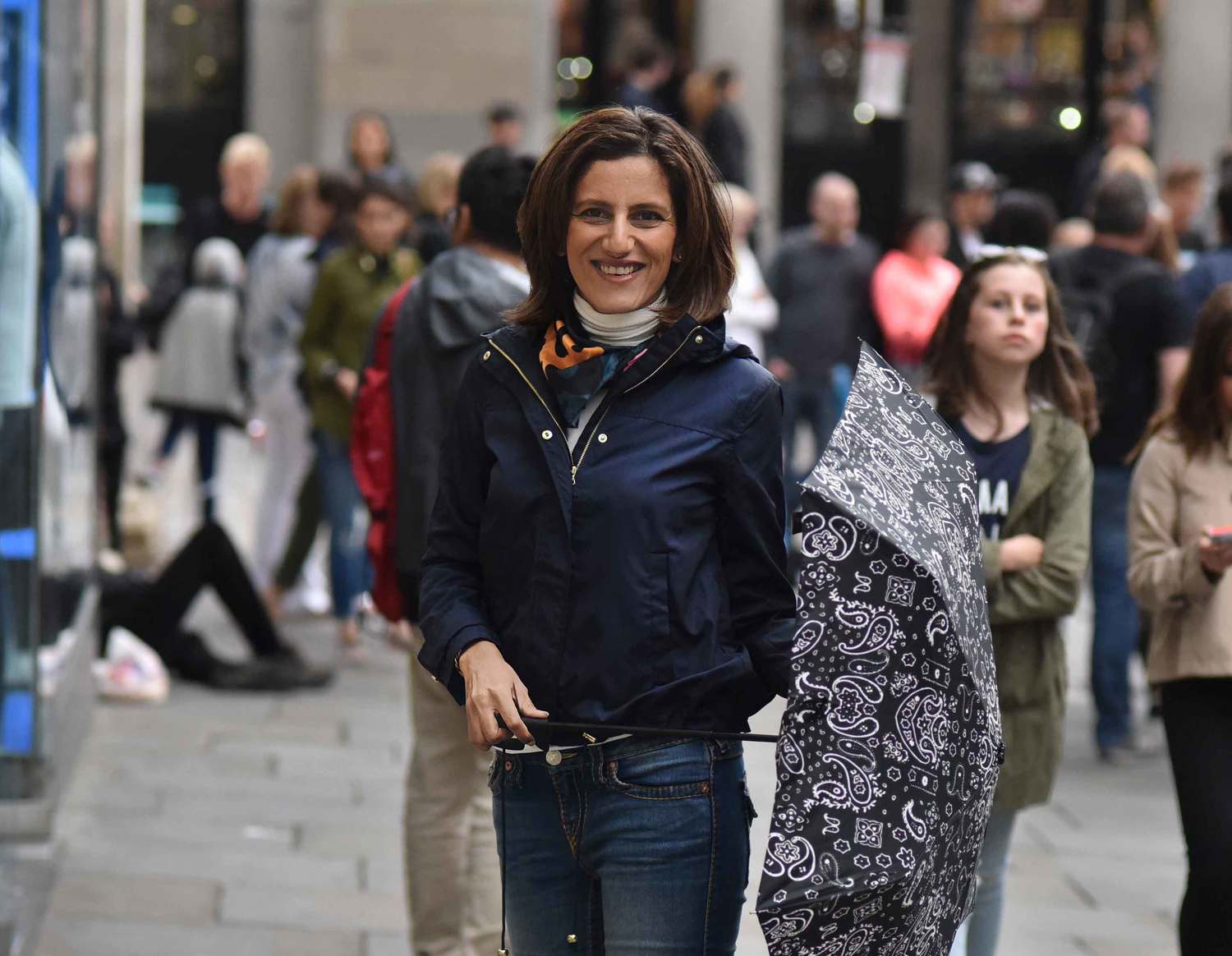 Zara jacket, Zara printed pocket square, Zara bandana print umbrella, True Religion jeans, Ralph Lauren polo sweater, Covent Garden, London, UK. Image©thingstodot.com