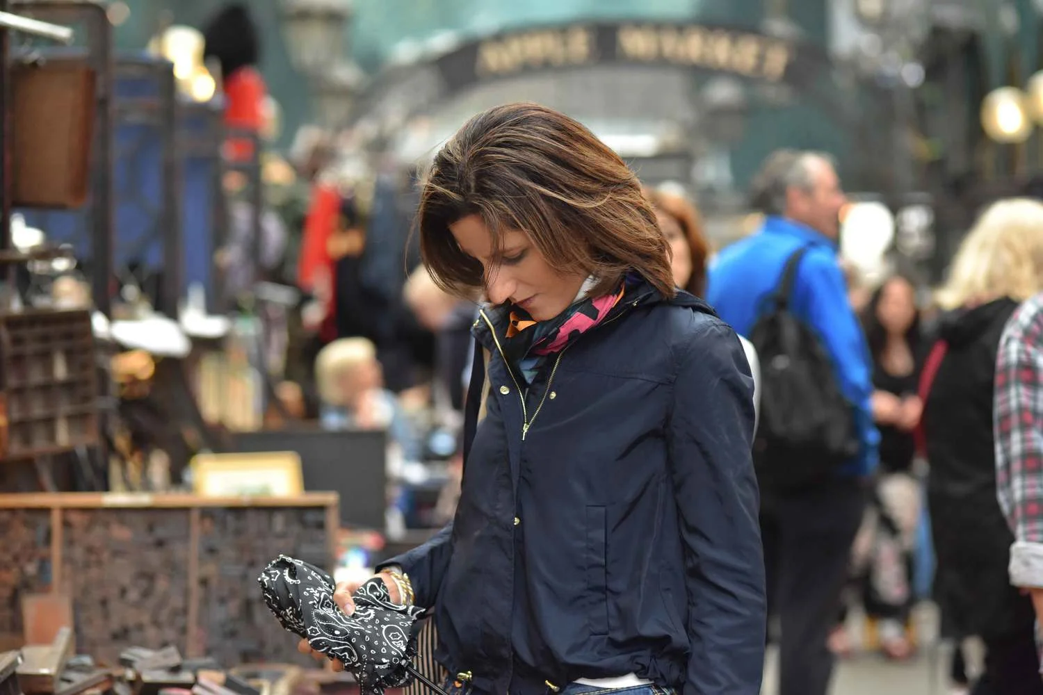 Zara jacket, Zara printed pocket square, Zara bandana print umbrella, True Religion jeans, Ralph Lauren polo sweater, Covent Garden, London, UK. Image©thingstodot.com