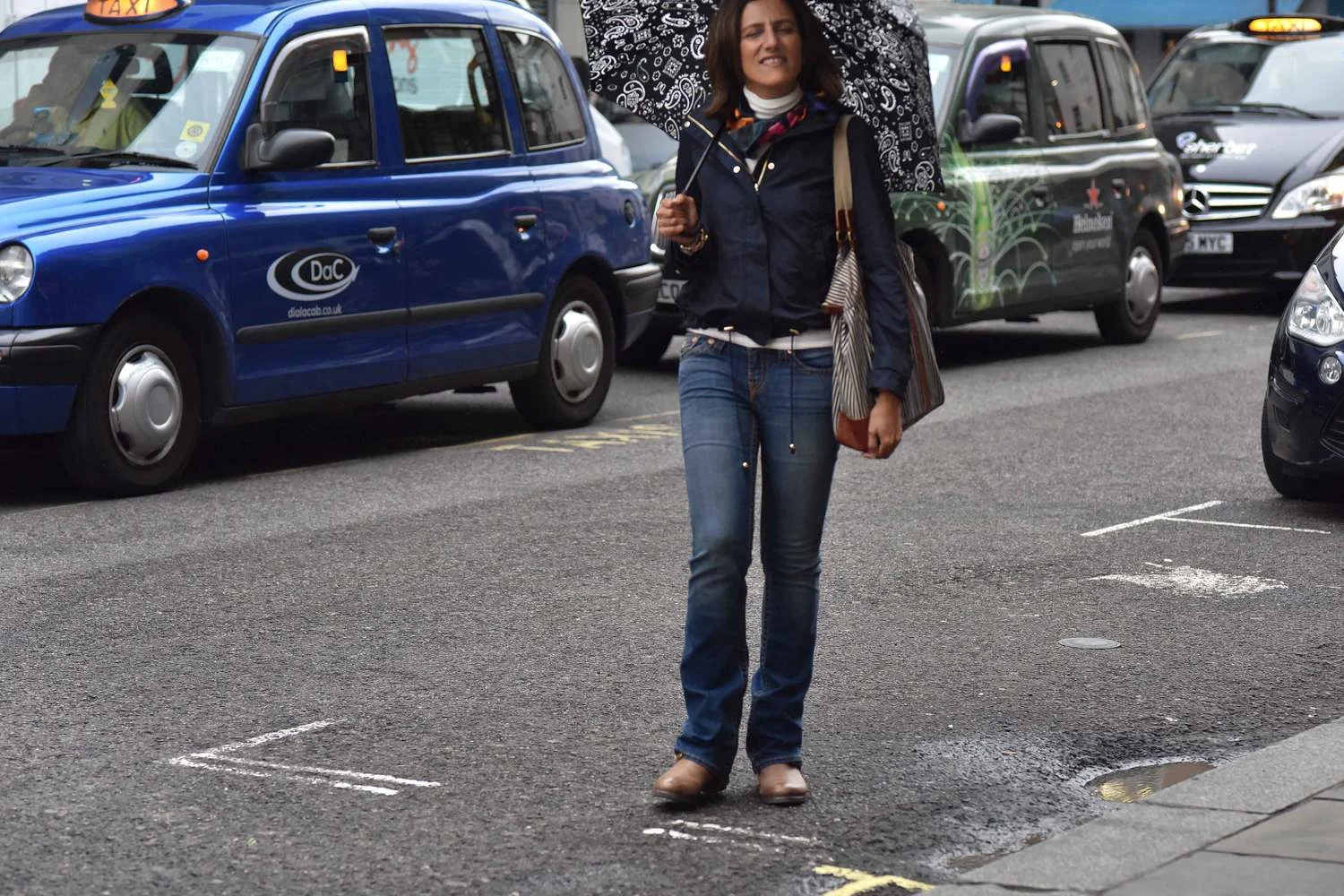 Zara jacket, Zara printed pocket square, Zara bandana print umbrella, True Religion jeans, Ralph Lauren polo sweater, Covent Garden, London, UK. Image©thingstodot.com