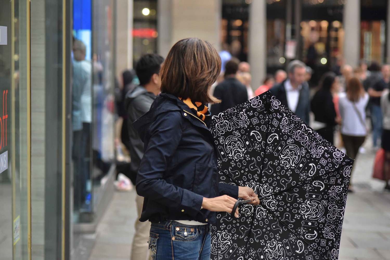 Zara jacket, Zara printed pocket square, Zara bandana print umbrella, True Religion jeans, Ralph Lauren polo sweater, Covent Garden, London, UK. Image©thingstodot.com