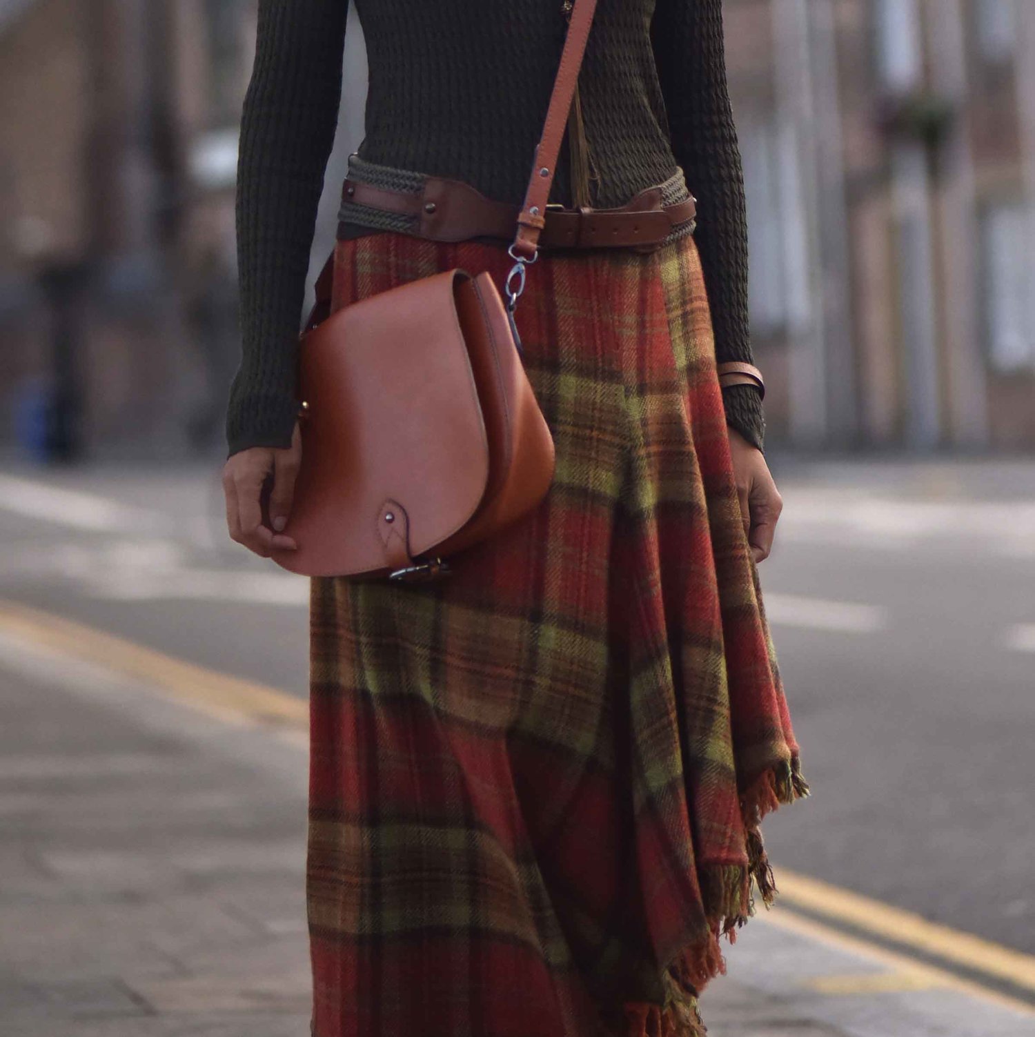 Ralph Lauren Blue Label plaid uneven hem skirt, tan Clarks bag, street style, Inverness, Scotland. Image©thingstodot.com