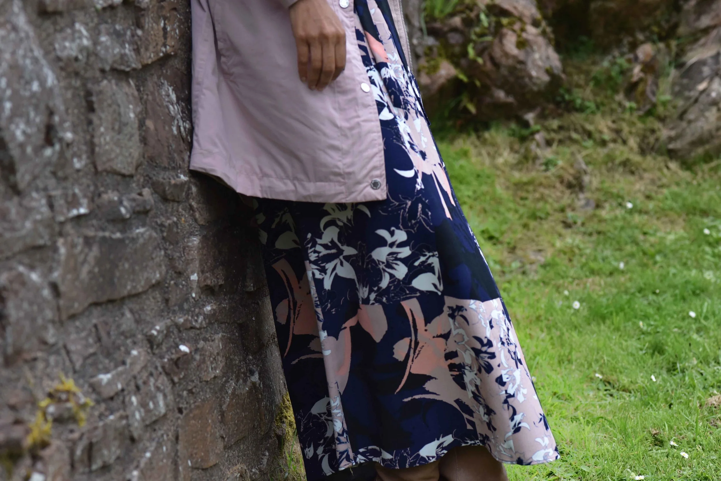 Pink Stormwear M&S jacket, printed maxi dress, Urquhart Castle, Loch Ness, Scotland. Image©thingstodot.com