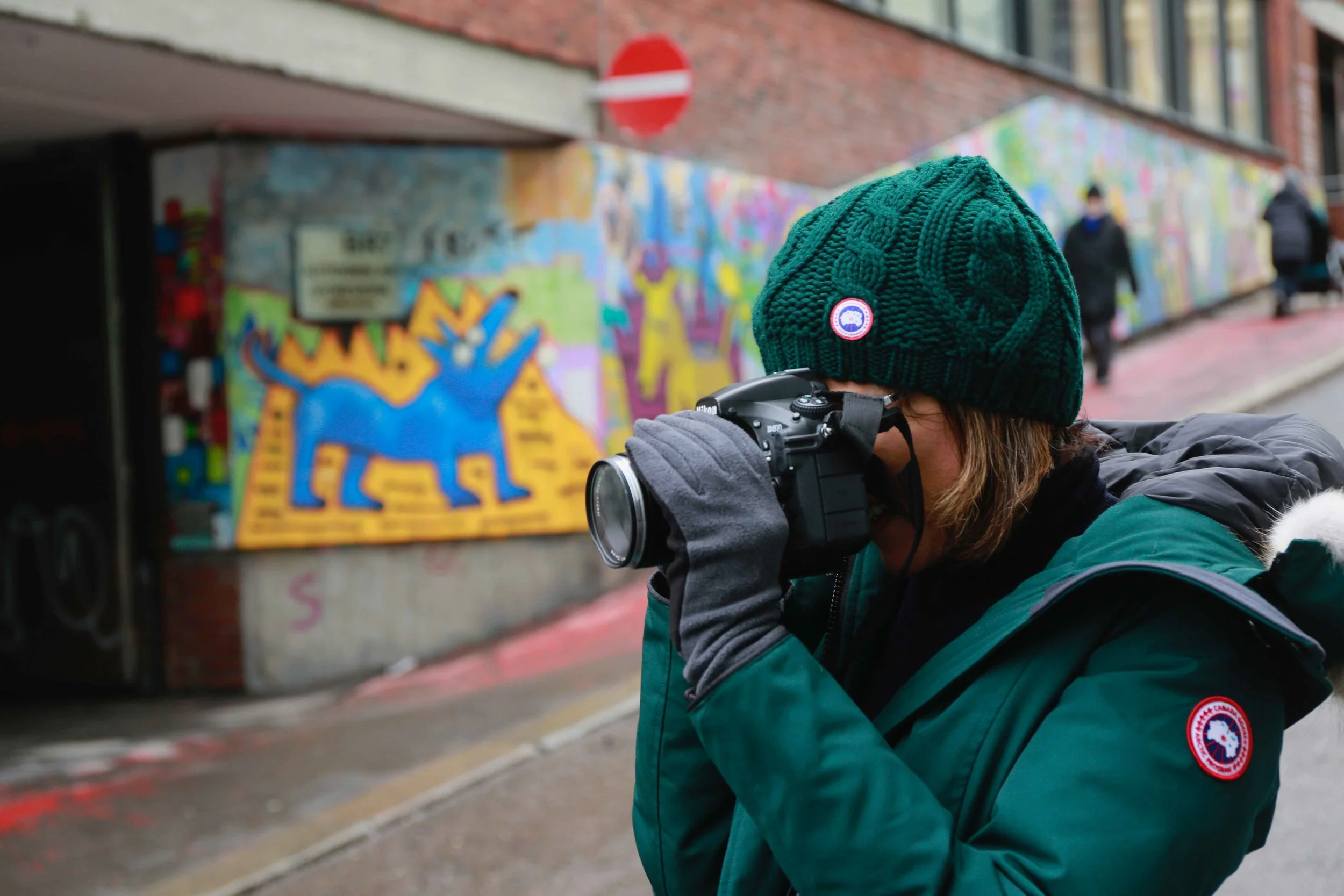 Canada goose Rossclair parka, beanie, Street Art, Brenneriveien & Vulkan, Oslo. Photo: Oslo Photo Tour. Image©thingstodot.com