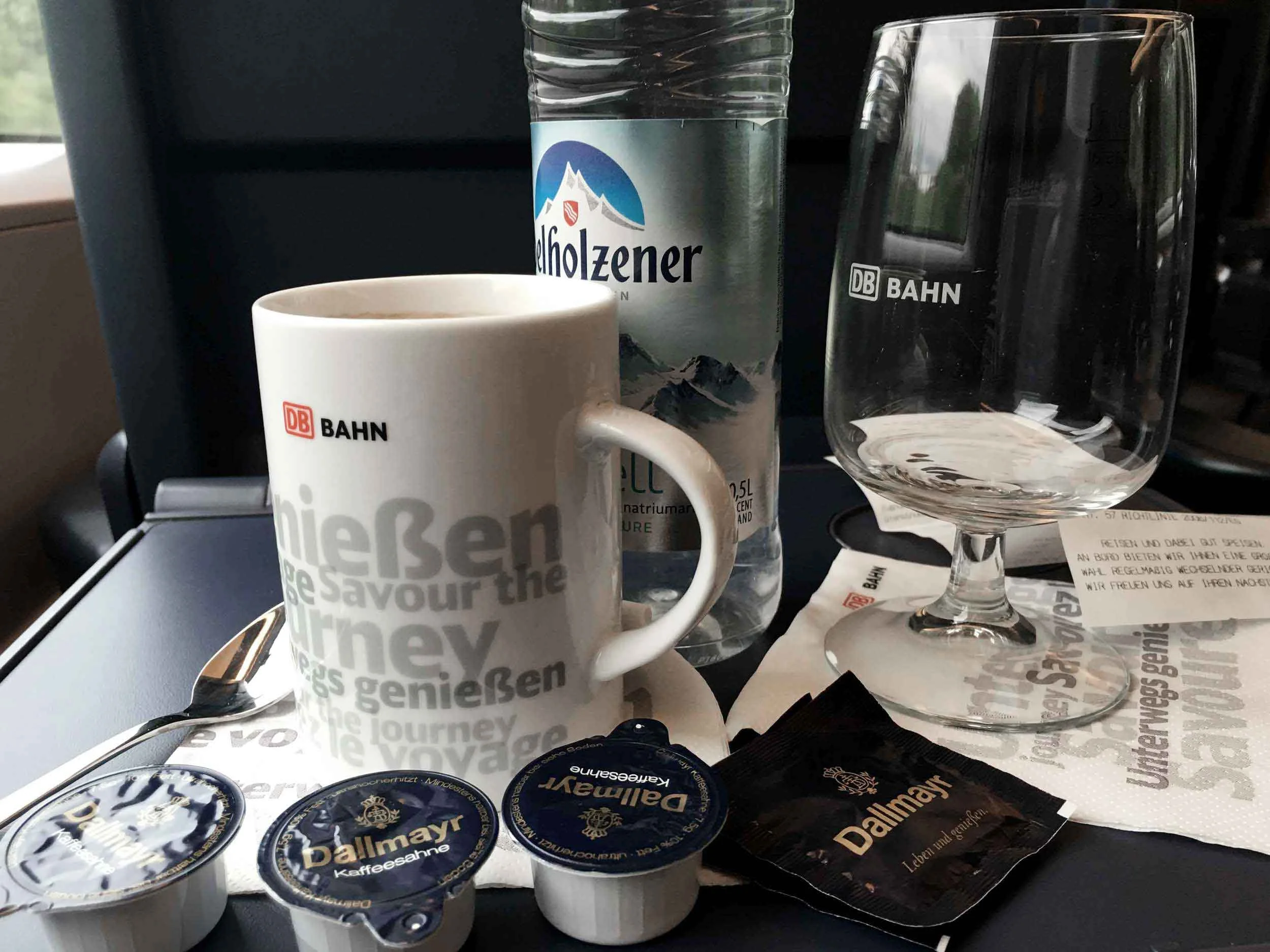 Coffee inside train, ICE, Inter City Express, First Class, German Rail. Image©thingstodot.com