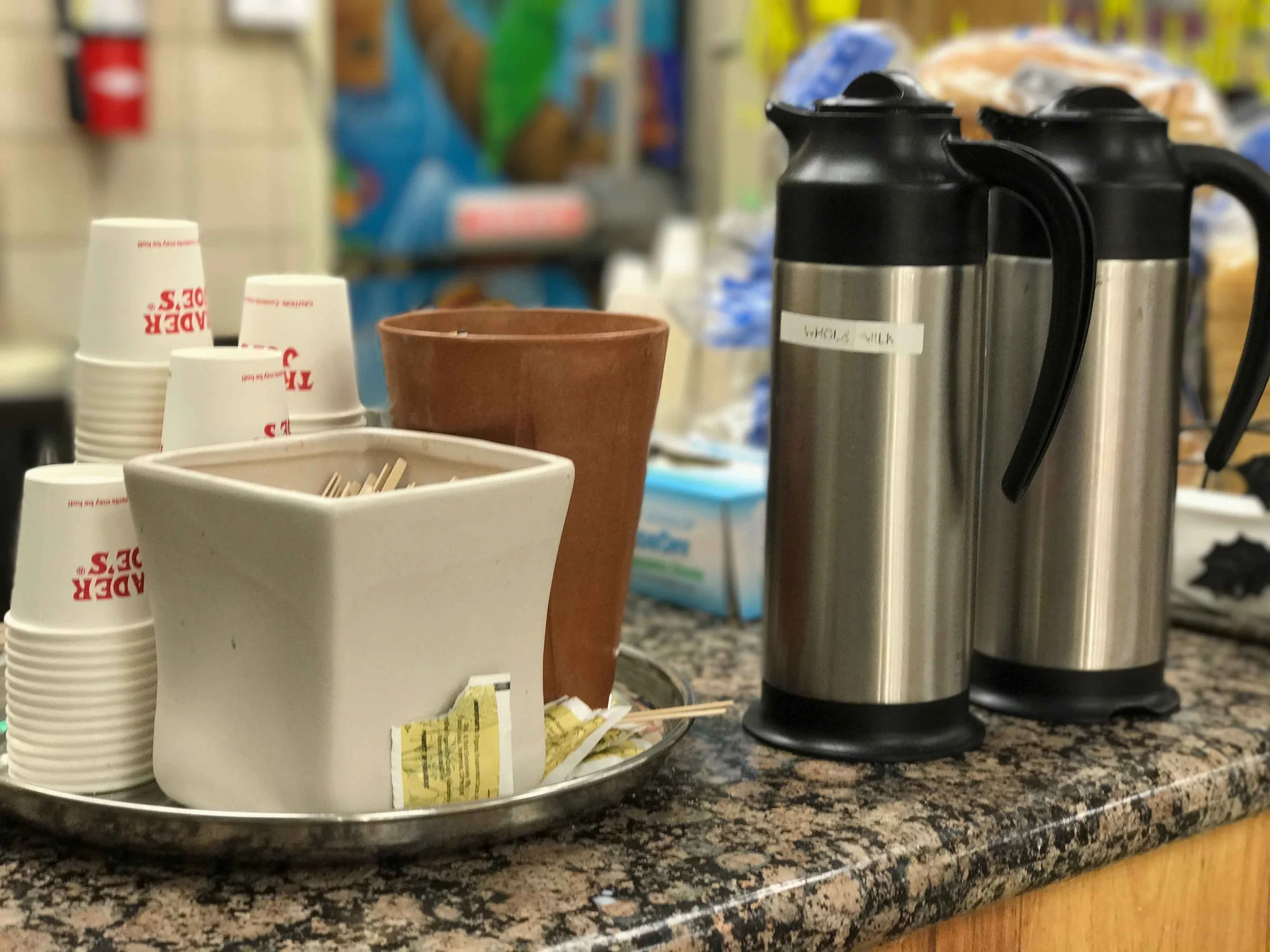 Trader Joe's grocery store, coffee and food sample section, Los Angeles. Image©thingstodot.com