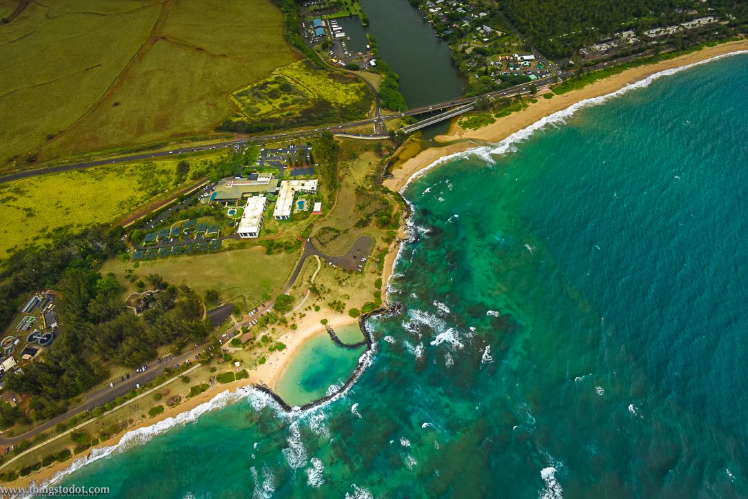 Aerial view of Lydgate Beach Park, Hilton Garden Inn & Wailua river, Kauai, Hawaii. Image@www.thingstodot.com