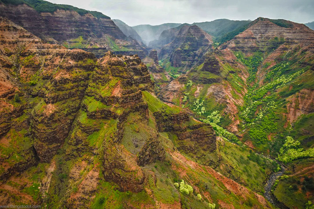 Waimea Canyon, Kauai, Hawaii, aerial view, Jack Harter Doors Off Helicopter Tour. Image©www.thingstodot.com