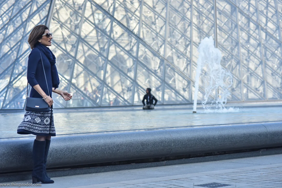 Ralph Lauren dress, Marks & Spencer boots, Kate Spade sling bag, Le Louvre, Paris. Photo: Nina Shaw. Image©www.thingstodot.com