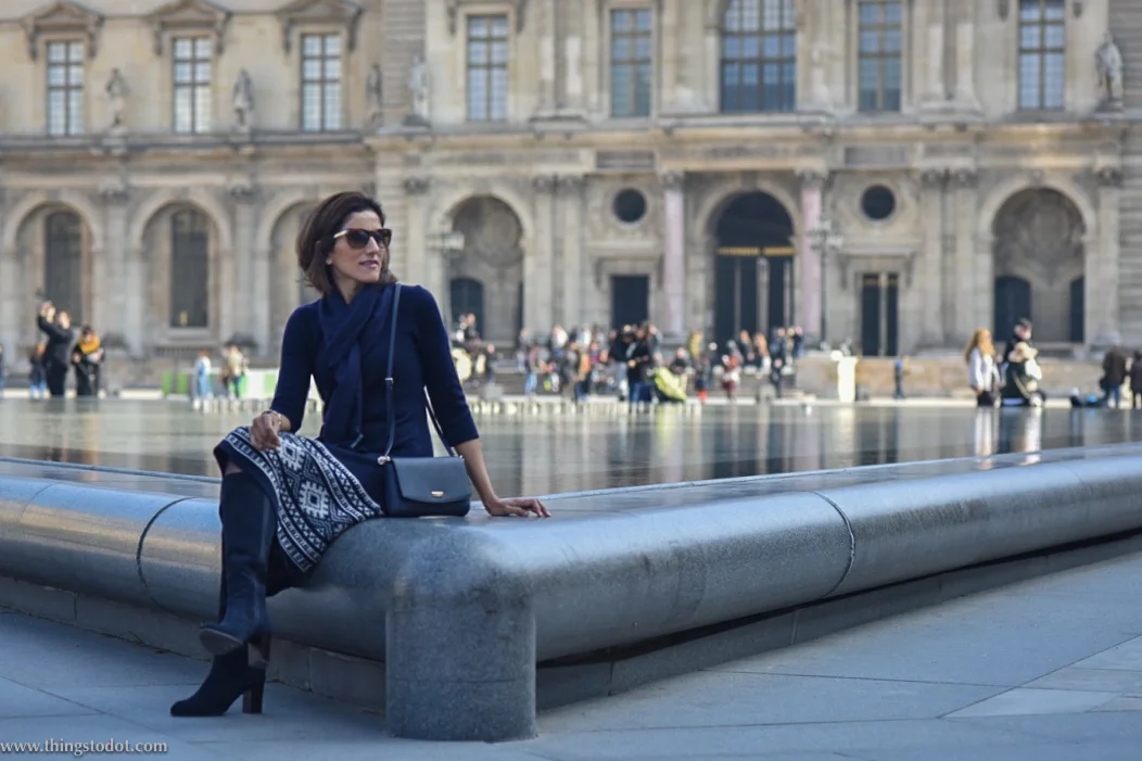 Ralph Lauren dress, Marks & Spencer boots, Kate Spade sling bag, Le Louvre, Paris. Photo: Nina Shaw. Image©www.thingstodot.com