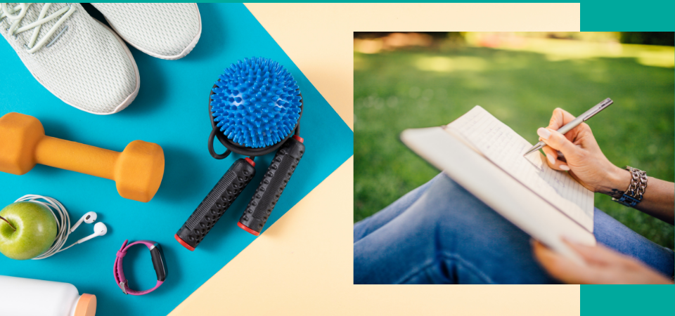 mindful military PCS tips exercise equipment on yoga mat and woman journaling in notebook outside