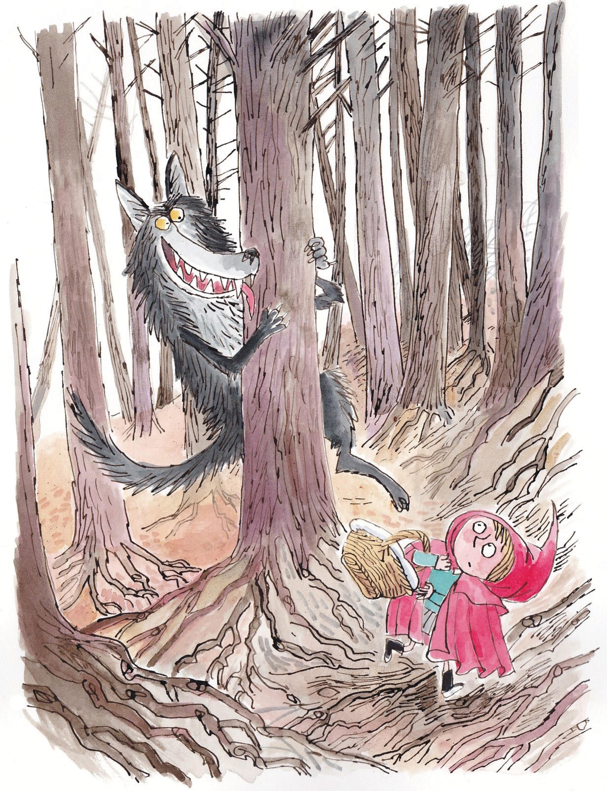 Little Red Riding Hood meets the big bad wolf.