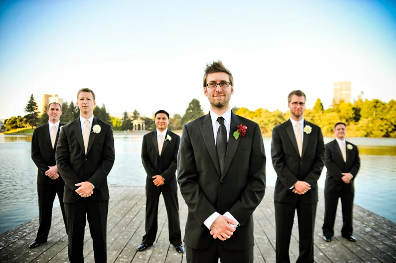 Groom and Groomsmen on Dock at Lake Merritt in Oakland