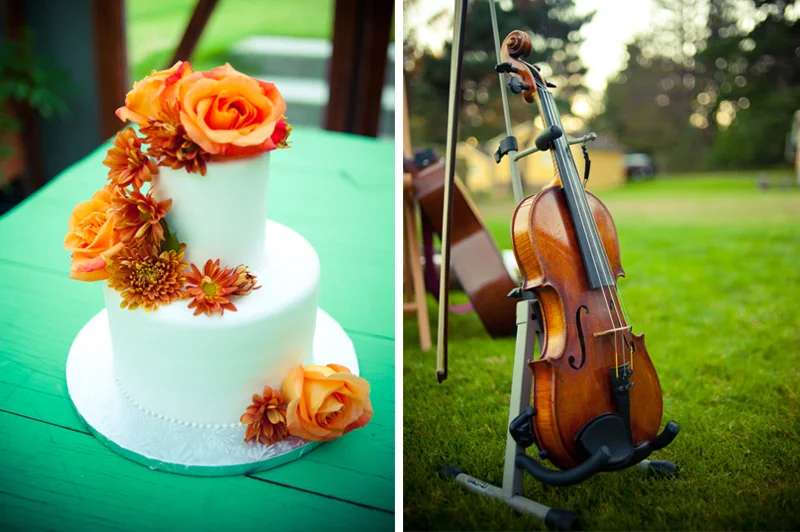 Detail of wedding cake and violin at Mar Vista Wedding