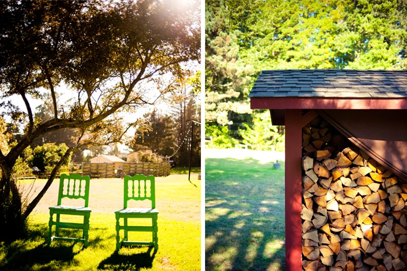 Rustic chairs and covered woodpile at Mar Vista Cottages
