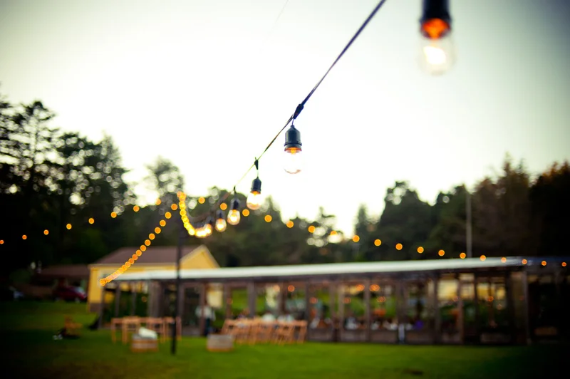 Detail of Christmas lights with Mar Vista Cottages in the background